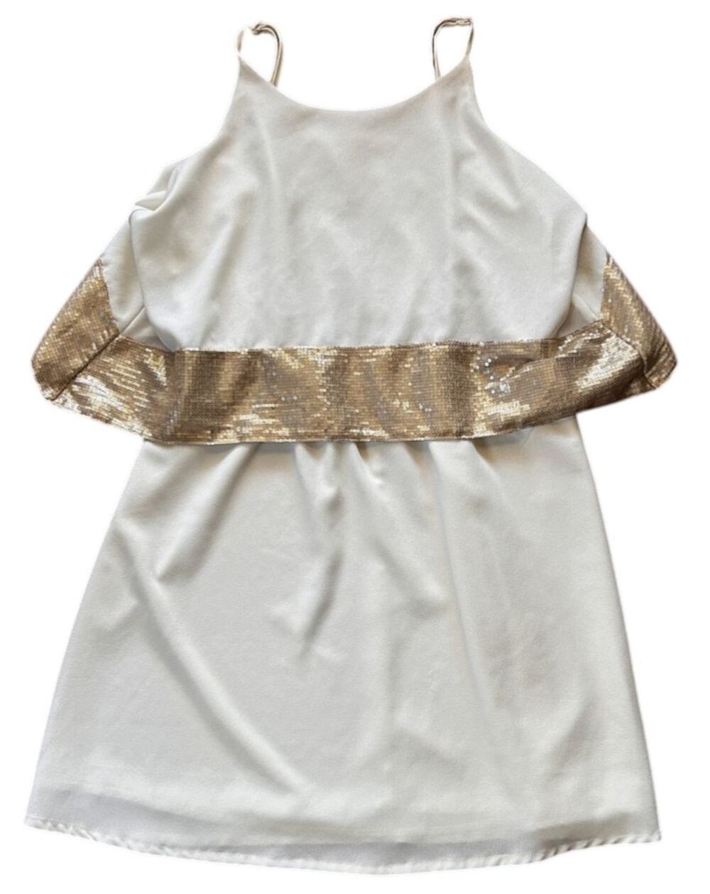 Esley Adjustable Spaghetti Strap Lined Cream & Gold Sequin Mini Dress Small